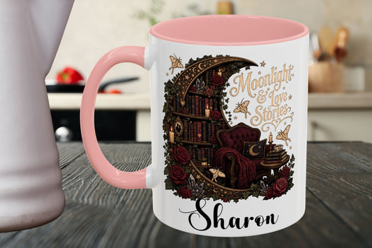 Moonlight & Love Stories Personalized Mug, Custom Romance Reader Coffee Mug, Gothic Book Lover Cup, Dark Academia Literary Mug, BookTok Gift
