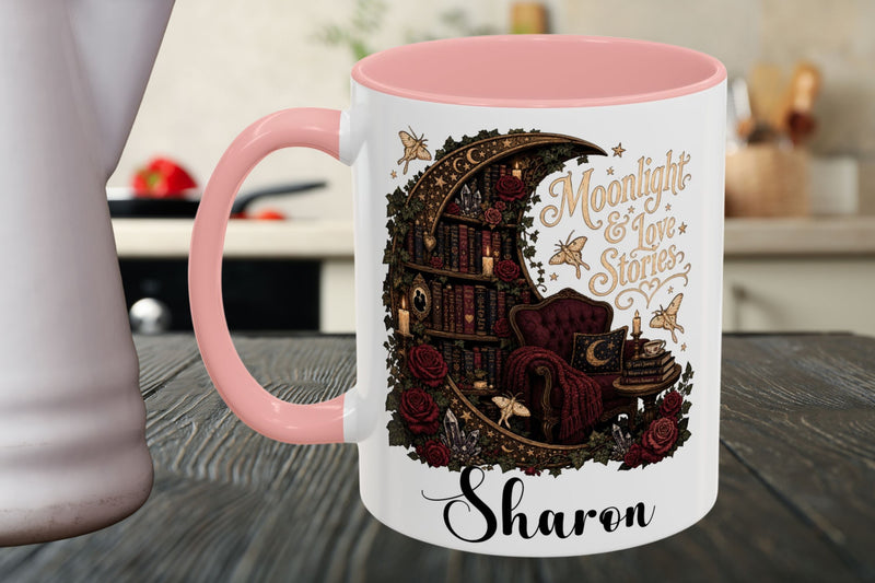 Personalized Moonlight & Love Stories Mug, Custom Romance Reader Coffee Mug, Gothic Book Lover Cup, Dark Academia Literary Mug, BookTok Gift