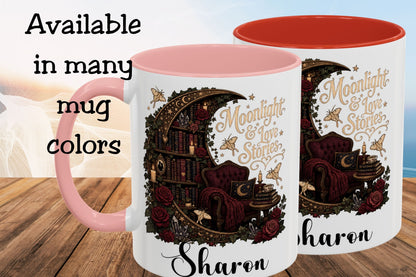 Moonlight & Love Stories Personalized Mug, Custom Romance Reader Coffee Mug, Gothic Book Lover Cup, Dark Academia Literary Mug, BookTok Gift