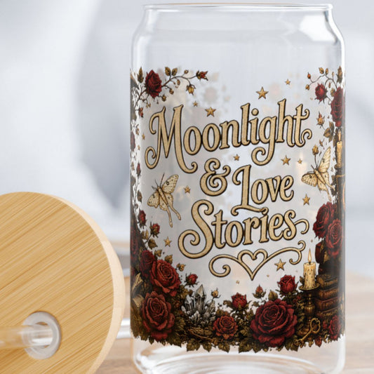 Moonlight & Love Stories Glass Cup, Gothic Romance Libby Cup, Dark Academia Book Lover Glass, BookTok Iced Coffee Cup, Cottagecore Reader Gift
