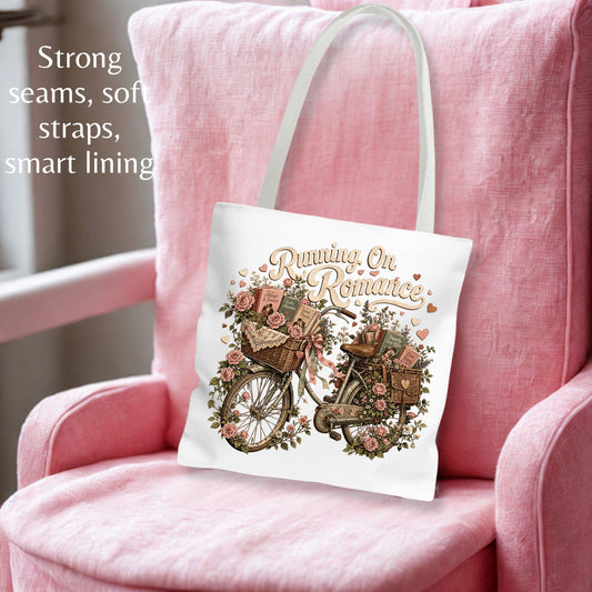 Running On Romance Tote Bag, Romance Reader Book Tote, BookTok Book Lover Bag, Cottagecore Literary Tote, Floral Reader Gift