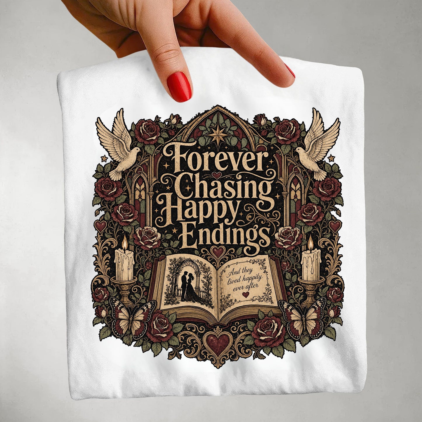 Forever Chasing Happy Endings Shirt, Romance Reader Tee, Book Lover Graphic Shirt, Gothic BookTok Tee, Dark Academia Literary Gift