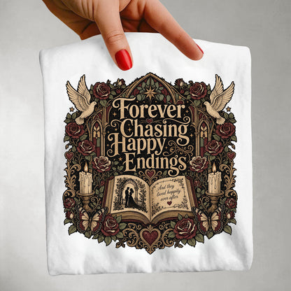Forever Chasing Happy Endings Shirt, Romance Reader Tee, Book Lover Graphic Shirt, Gothic BookTok Tee, Dark Academia Literary Gift