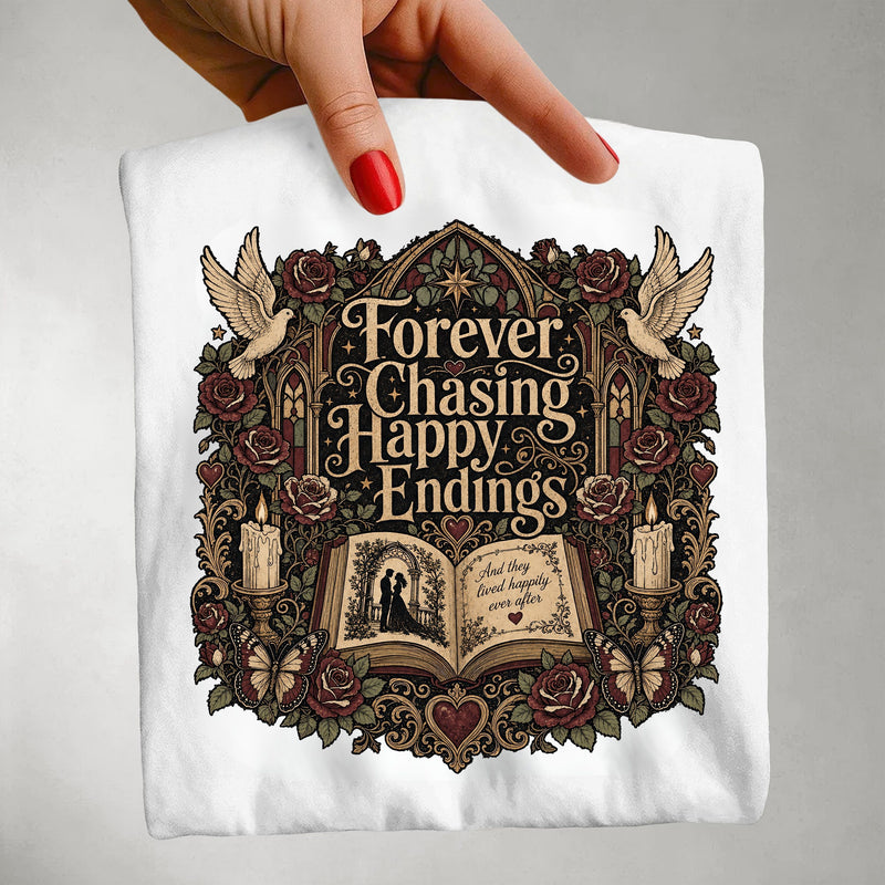 Forever Chasing Happy Endings Shirt, Romance Reader Tee, Book Lover Graphic Shirt, Gothic BookTok Tee, Dark Academia Literary Gift