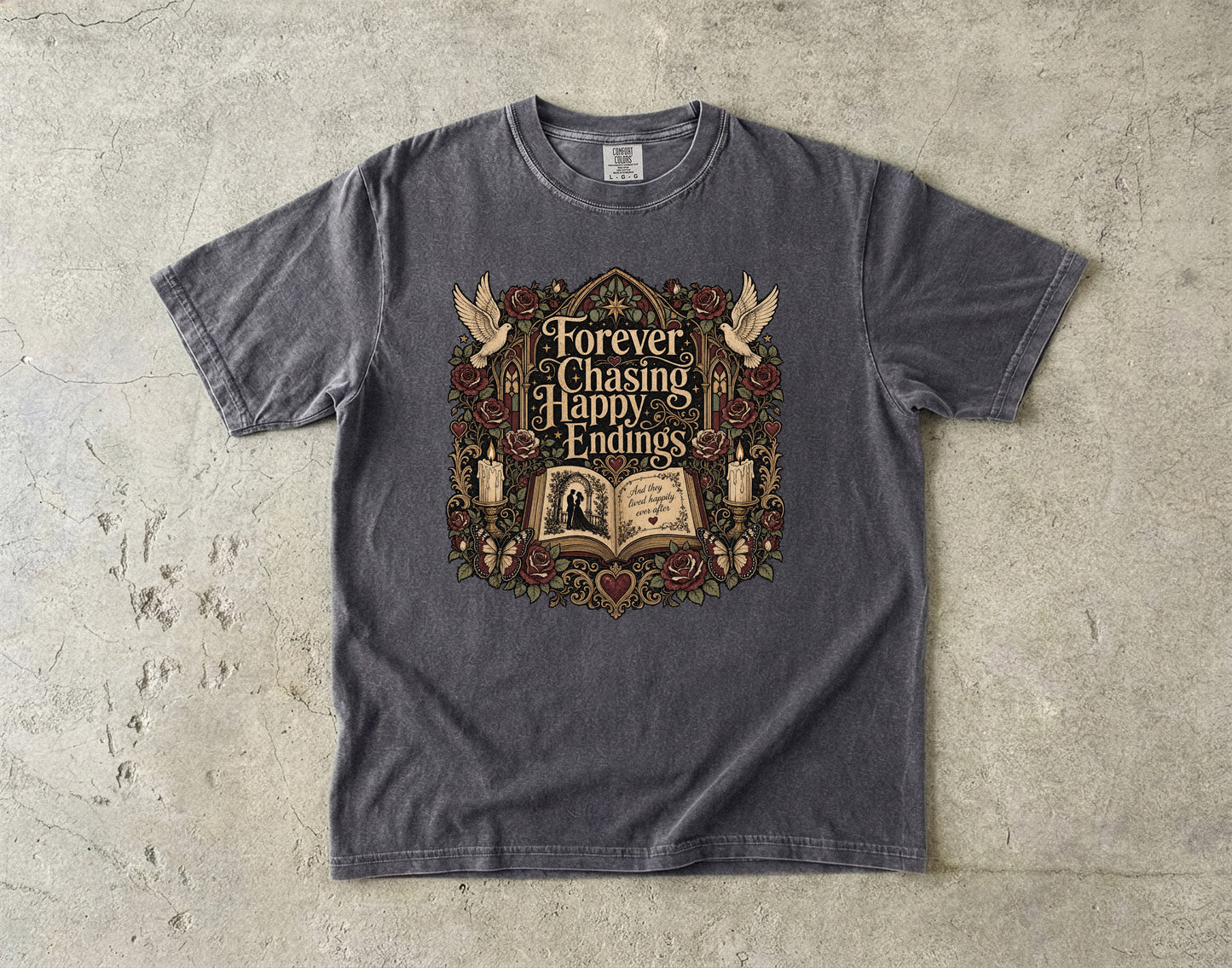 Forever Chasing Happy Endings Shirt, Romance Reader Tee, Book Lover Graphic Shirt, Gothic BookTok Tee, Dark Academia Literary Gift