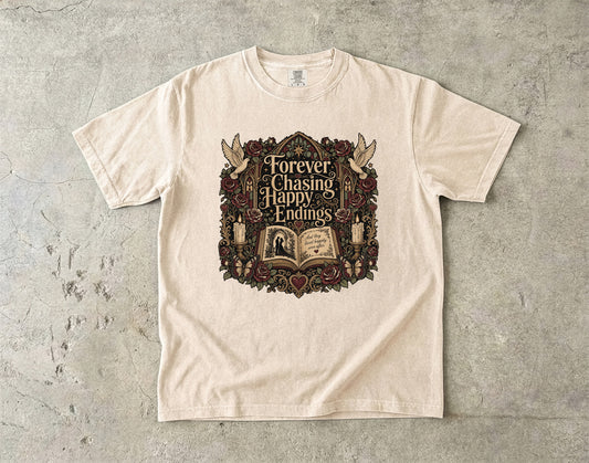 Forever Chasing Happy Endings Shirt, Romance Reader Tee, Book Lover Graphic Shirt, Gothic BookTok Tee, Dark Academia Literary Gift
