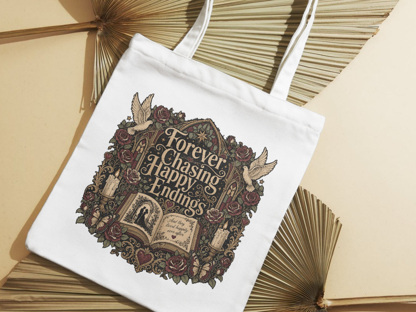 Forever Chasing Happy Endings Tote Bag, Romance Reader Book Tote, Gothic Book Lover Bag, Dark Academia Literary Tote, BookTok Reader Gift