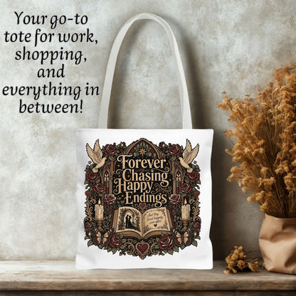 Forever Chasing Happy Endings Tote Bag, Romance Reader Book Tote, Gothic Book Lover Bag, Dark Academia Literary Tote, BookTok Reader Gift