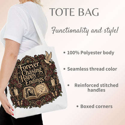 Forever Chasing Happy Endings Tote Bag, Romance Reader Book Tote, Gothic Book Lover Bag, Dark Academia Literary Tote, BookTok Reader Gift