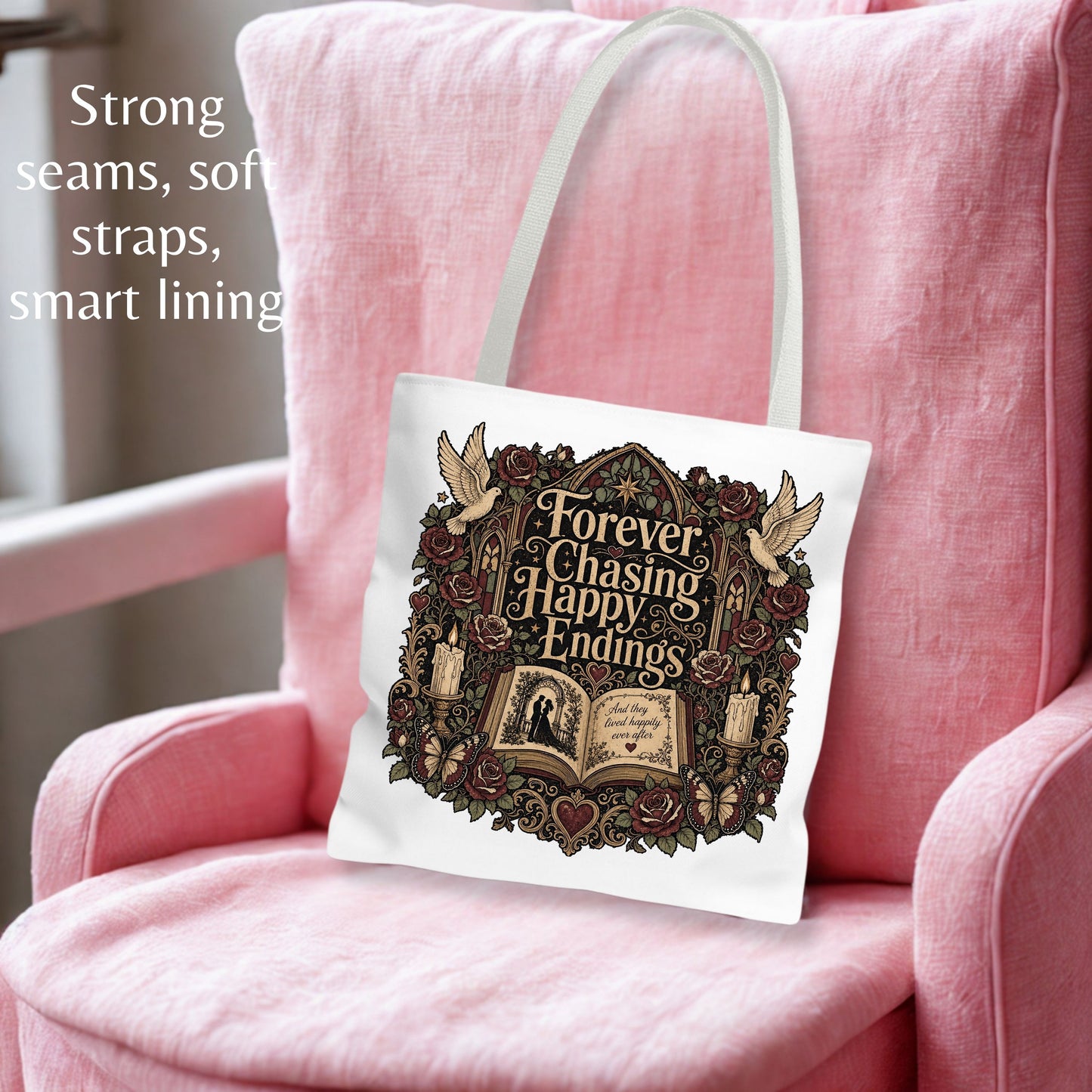 Forever Chasing Happy Endings Tote Bag, Romance Reader Book Tote, Gothic Book Lover Bag, Dark Academia Literary Tote, BookTok Reader Gift