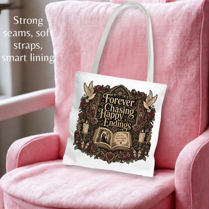 Forever Chasing Happy Endings Tote Bag, Romance Reader Book Tote, Gothic Book Lover Bag, Dark Academia Literary Tote, BookTok Reader Gift