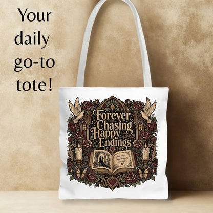 Forever Chasing Happy Endings Tote Bag, Romance Reader Book Tote, Gothic Book Lover Bag, Dark Academia Literary Tote, BookTok Reader Gift