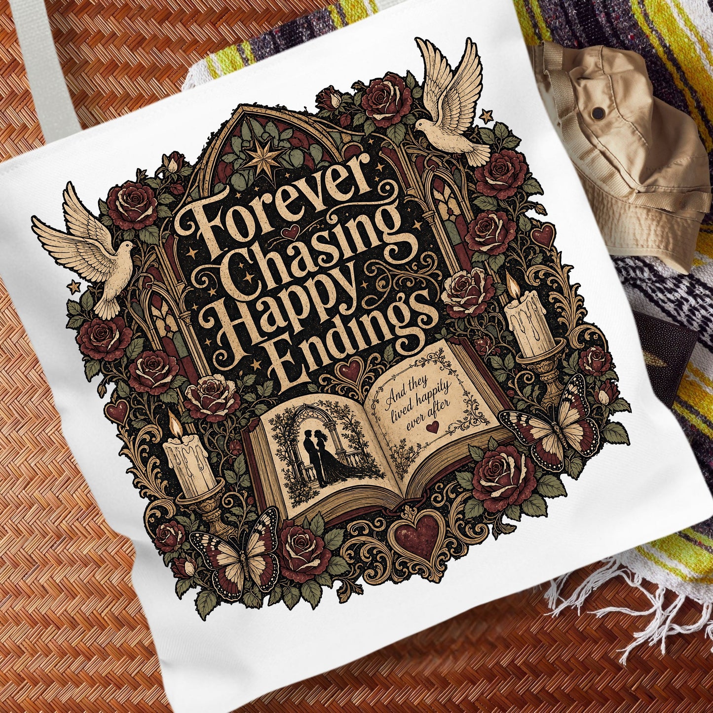 Forever Chasing Happy Endings Tote Bag, Romance Reader Book Tote, Gothic Book Lover Bag, Dark Academia Literary Tote, BookTok Reader Gift