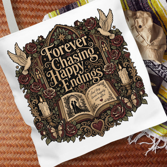 Forever Chasing Happy Endings Tote Bag, Romance Reader Book Tote, Gothic Book Lover Bag, Dark Academia Literary Tote, BookTok Reader Gift