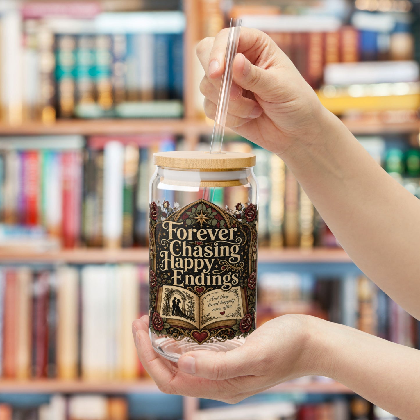 Forever Chasing Happy Endings Glass Cup, Romance Reader Libby Cup, Gothic Book Lover Glass, Dark Academia Iced Coffee Cup, BookTok Gift
