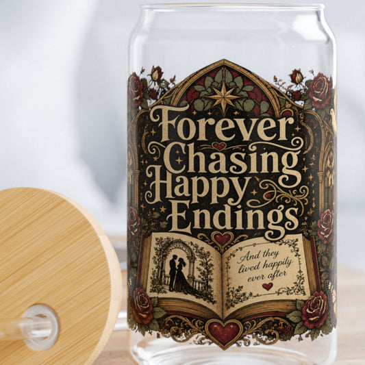 Forever Chasing Happy Endings Glass Cup, Romance Reader Libby Cup, Gothic Book Lover Glass, Dark Academia Iced Coffee Cup, BookTok Gift