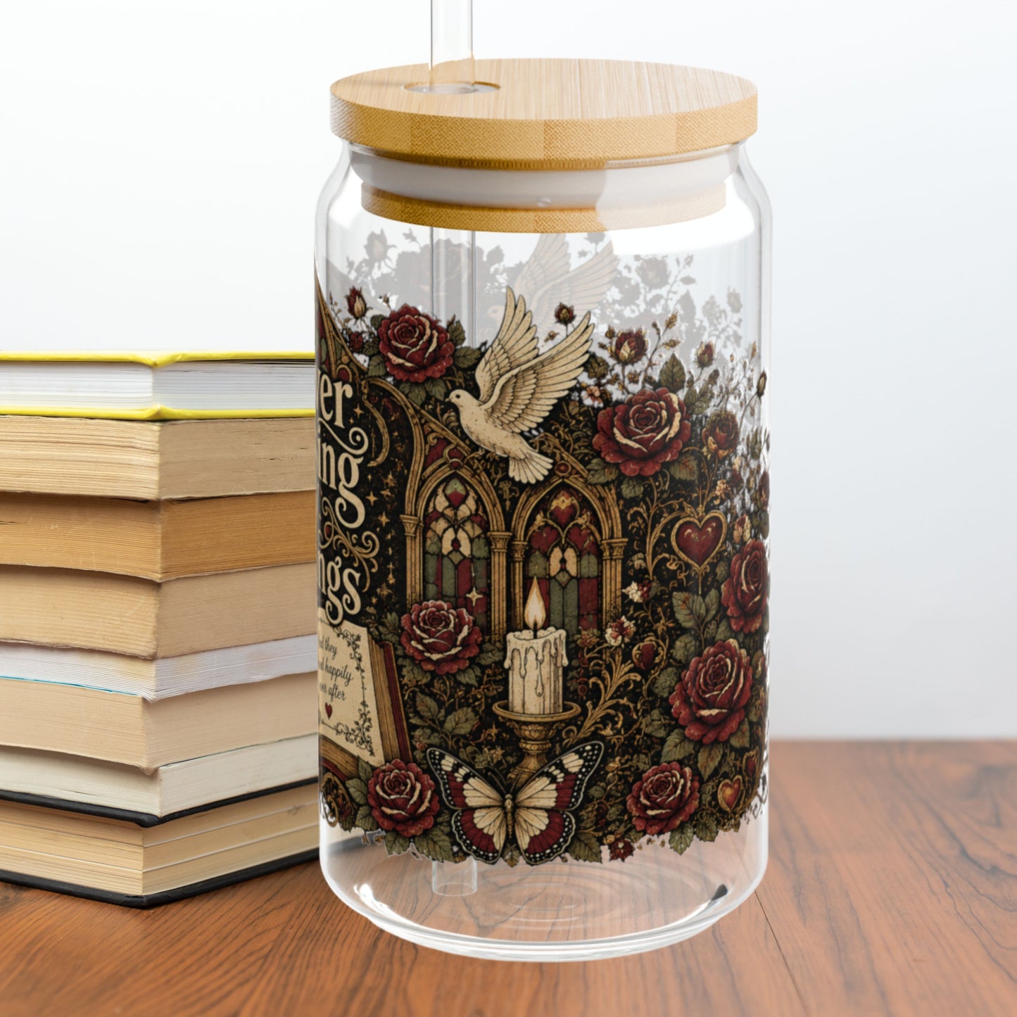 Forever Chasing Happy Endings Glass Cup, Romance Reader Libby Cup, Gothic Book Lover Glass, Dark Academia Iced Coffee Cup, BookTok Gift
