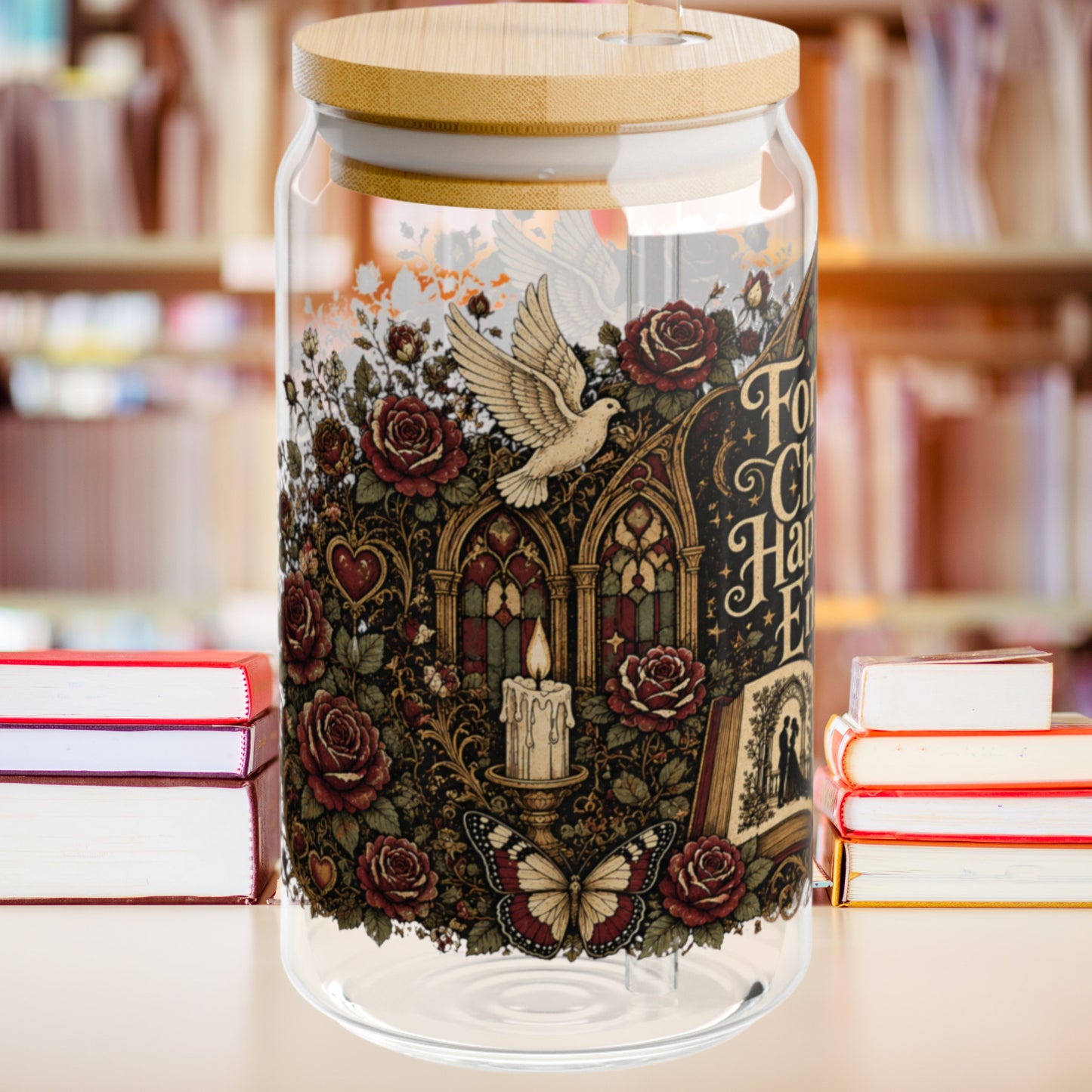 Forever Chasing Happy Endings Glass Cup, Romance Reader Libby Cup, Gothic Book Lover Glass, Dark Academia Iced Coffee Cup, BookTok Gift