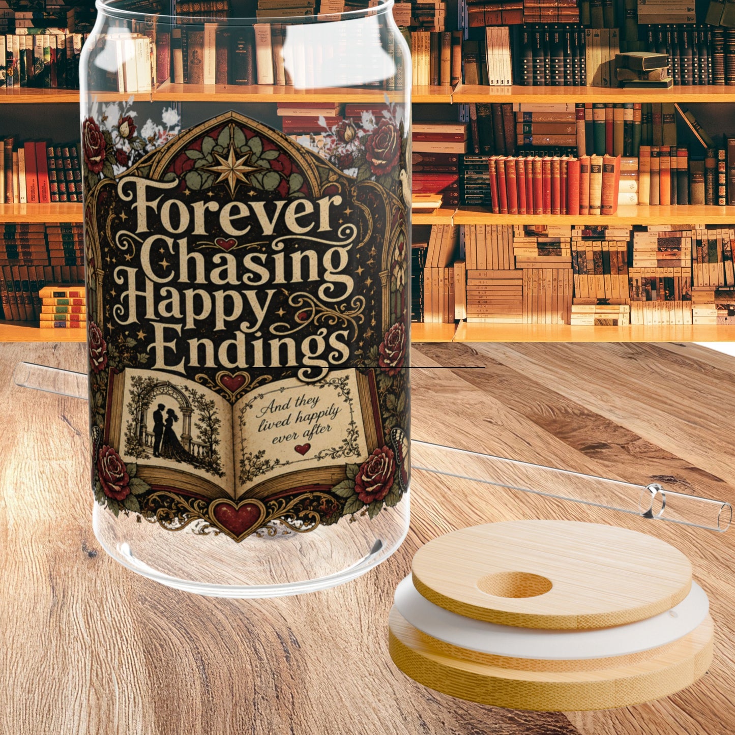 Forever Chasing Happy Endings Glass Cup, Romance Reader Libby Cup, Gothic Book Lover Glass, Dark Academia Iced Coffee Cup, BookTok Gift