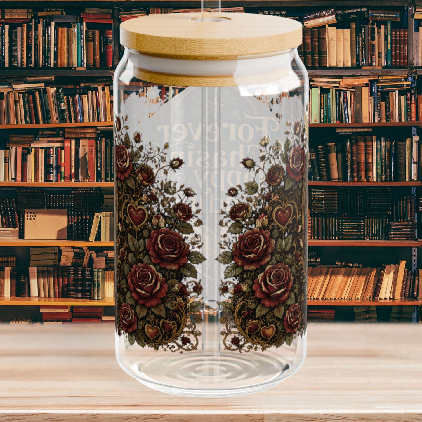 Forever Chasing Happy Endings Glass Cup, Romance Reader Libby Cup, Gothic Book Lover Glass, Dark Academia Iced Coffee Cup, BookTok Gift