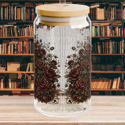 Forever Chasing Happy Endings Glass Cup, Romance Reader Libby Cup, Gothic Book Lover Glass, Dark Academia Iced Coffee Cup, BookTok Gift