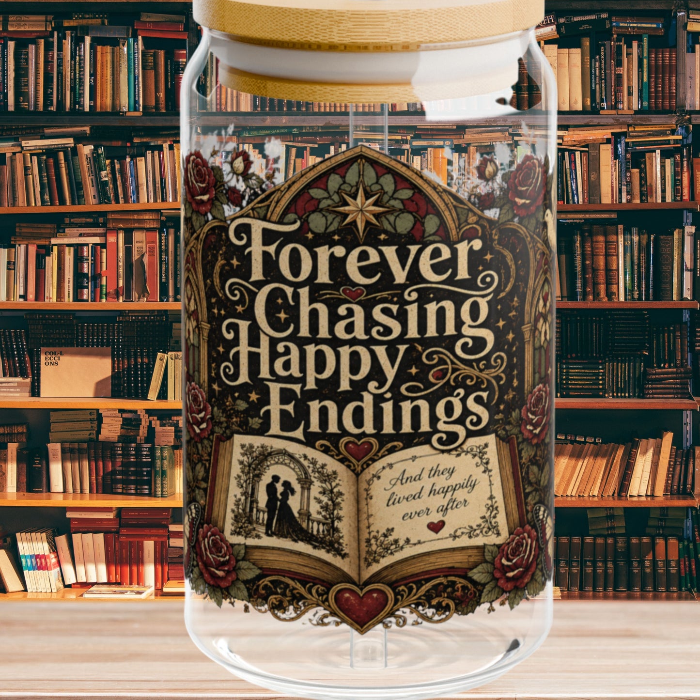 Forever Chasing Happy Endings Glass Cup, Romance Reader Libby Cup, Gothic Book Lover Glass, Dark Academia Iced Coffee Cup, BookTok Gift