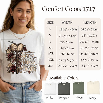 Stories Unlock My Heart Book Lover Shirt | Romance Reader Tee | Gothic Literary T-Shirt | Dark Academia BookTok Apparel