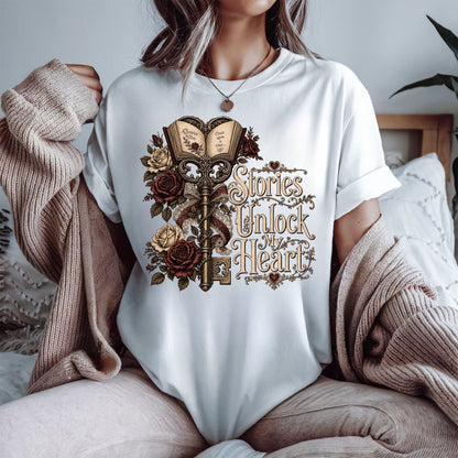 Stories Unlock My Heart Book Lover Shirt | Romance Reader Tee | Gothic Literary T-Shirt | Dark Academia BookTok Apparel