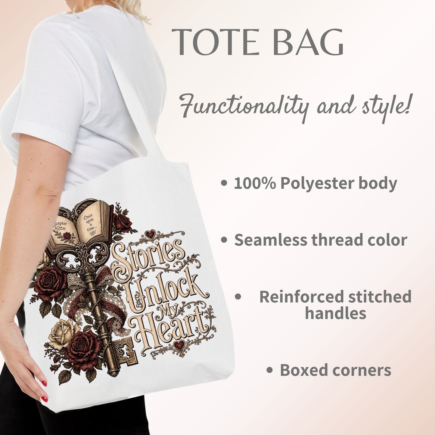 Stories Unlock My Heart Tote Bag | Romance Reader Book Tote | Gothic Literary Bag | Dark Academia Book Lover Gift