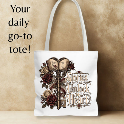 Stories Unlock My Heart Tote Bag | Romance Reader Book Tote | Gothic Literary Bag | Dark Academia Book Lover Gift