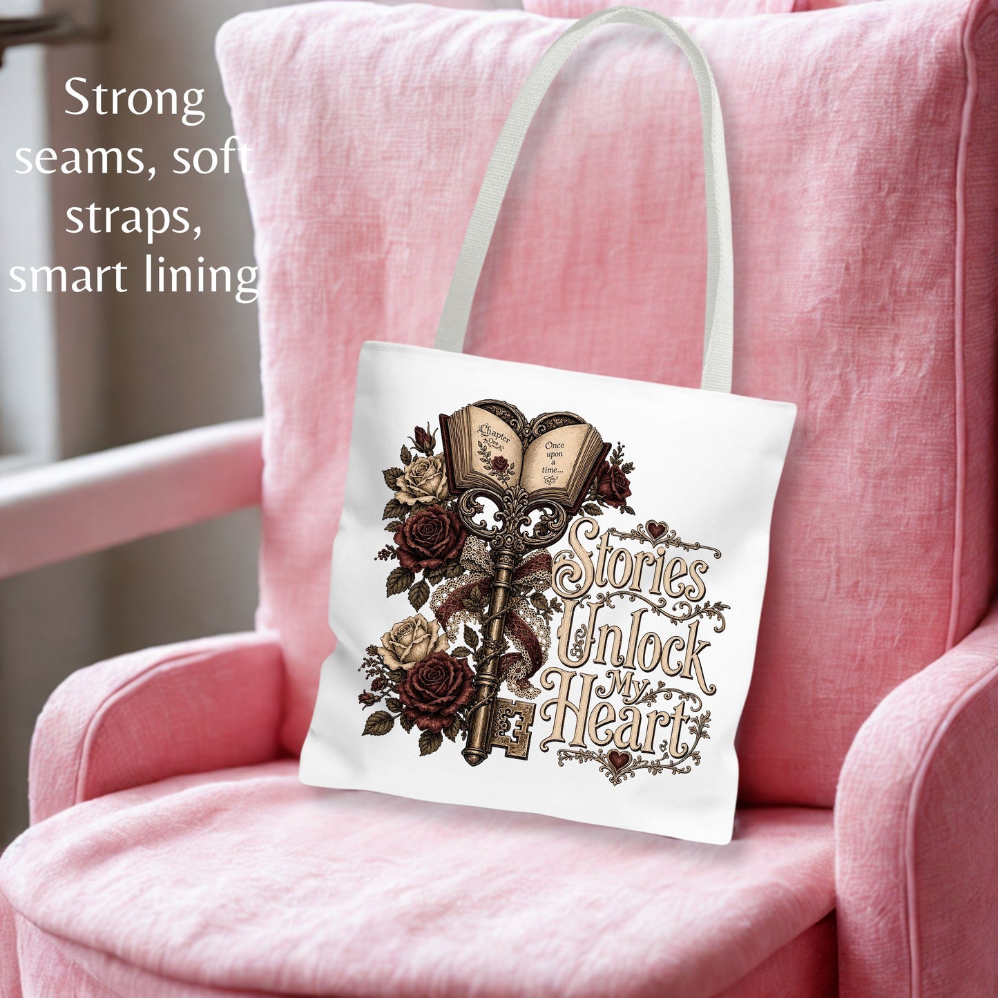 Stories Unlock My Heart Tote Bag | Romance Reader Book Tote | Gothic Literary Bag | Dark Academia Book Lover Gift