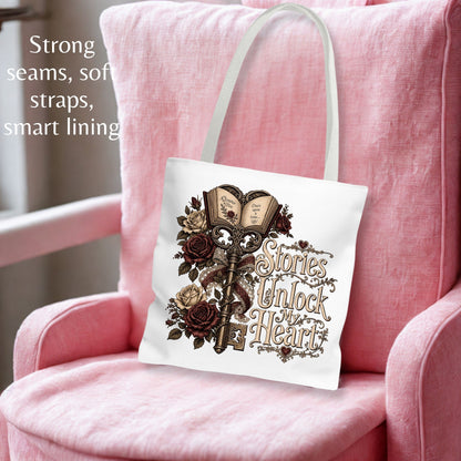 Stories Unlock My Heart Tote Bag | Romance Reader Book Tote | Gothic Literary Bag | Dark Academia Book Lover Gift