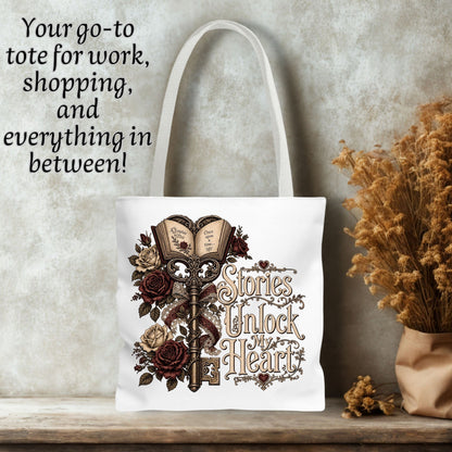 Stories Unlock My Heart Tote Bag | Romance Reader Book Tote | Gothic Literary Bag | Dark Academia Book Lover Gift