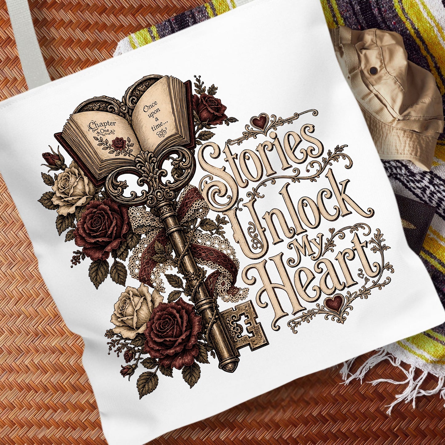 Stories Unlock My Heart Tote Bag | Romance Reader Book Tote | Gothic Literary Bag | Dark Academia Book Lover Gift