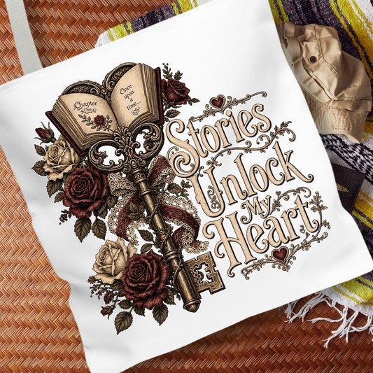 Stories Unlock My Heart Tote Bag | Romance Reader Book Tote | Gothic Literary Bag | Dark Academia Book Lover Gift
