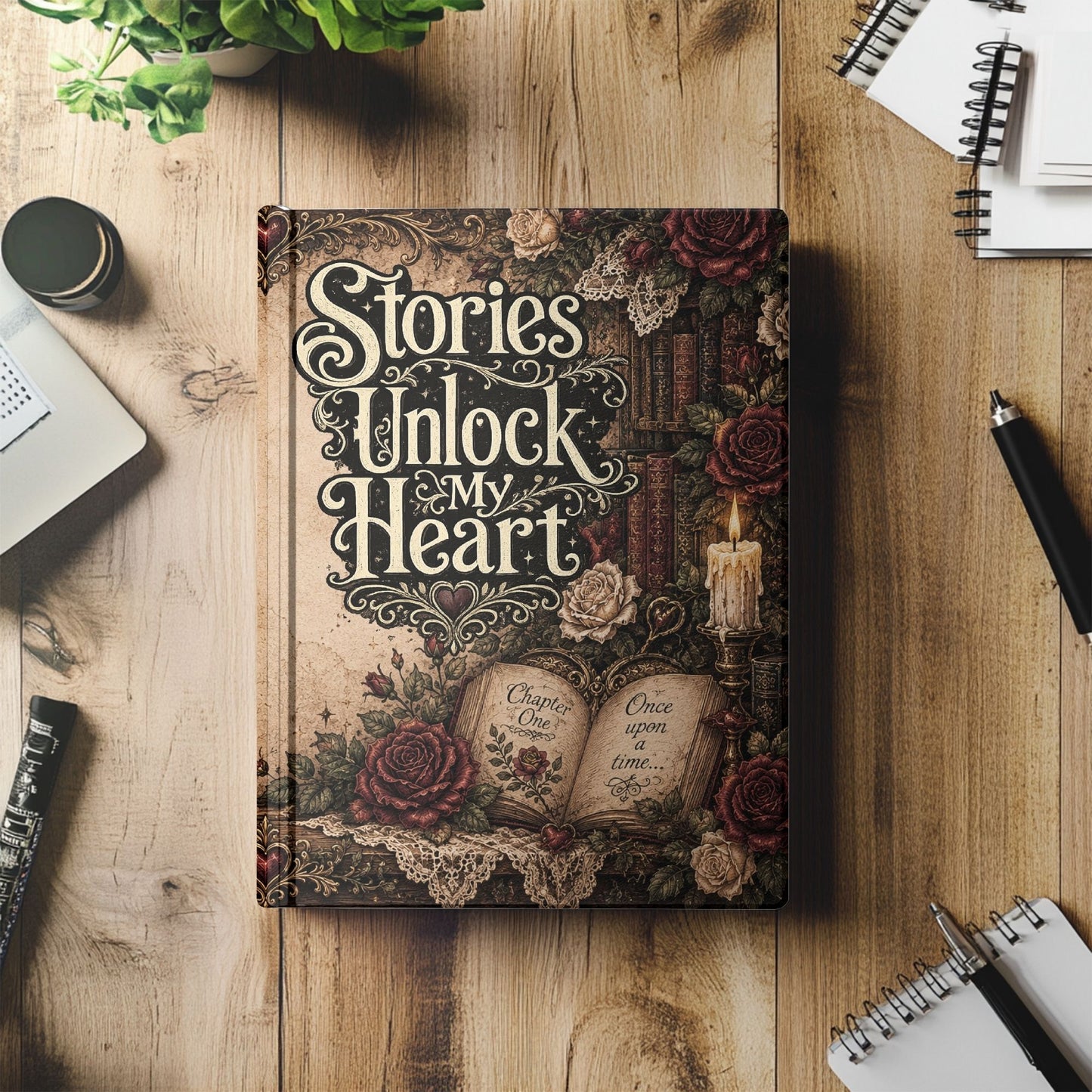 Stories Unlock My Heart Journal | Romance Reader Notebook | Gothic Book Lover Writing Journal | Dark Academia Hardcover Journal