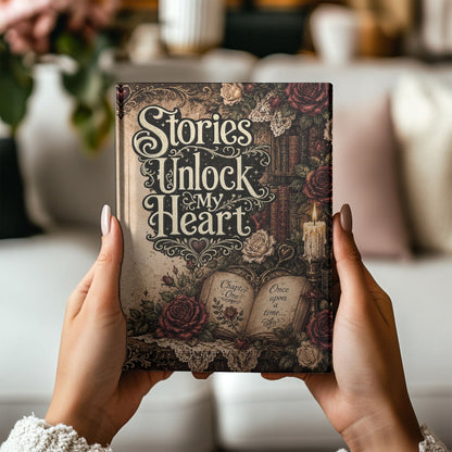 Stories Unlock My Heart Journal | Romance Reader Notebook | Gothic Book Lover Writing Journal | Dark Academia Hardcover Journal