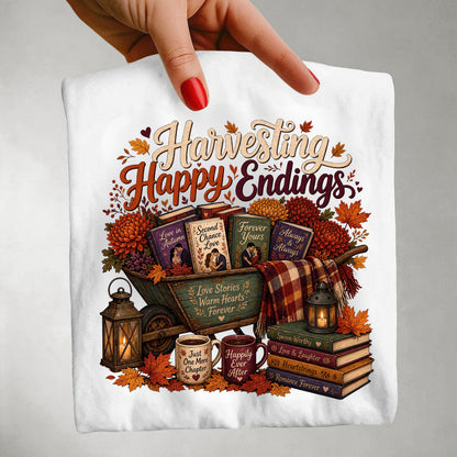 Harvesting Happy Endings Book Lover Shirt | Fall Romance Reader Tee | Cozy Autumn Bookish Shirt | BookTok Romantasy T-Shirt