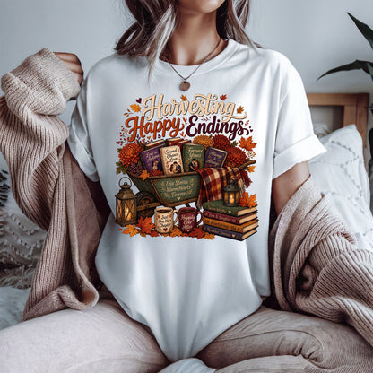 Harvesting Happy Endings Book Lover Shirt | Fall Romance Reader Tee | Cozy Autumn Bookish Shirt | BookTok Romantasy T-Shirt