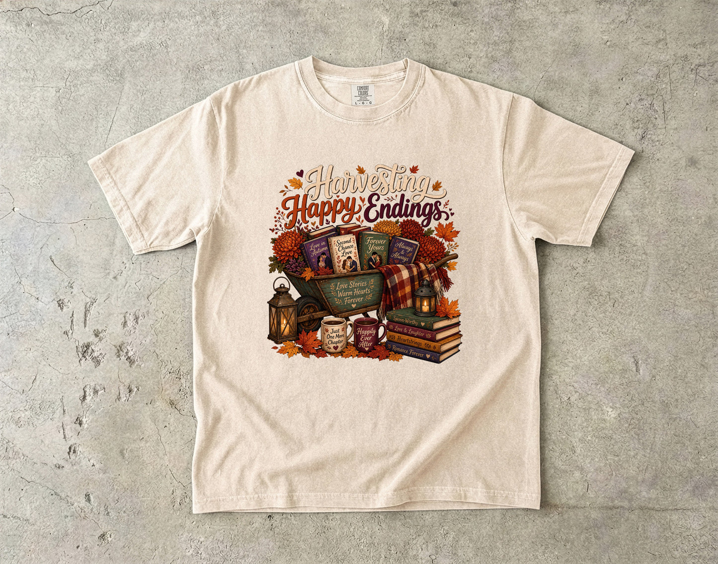 Harvesting Happy Endings Book Lover Shirt | Fall Romance Reader Tee | Cozy Autumn Bookish Shirt | BookTok Romantasy T-Shirt