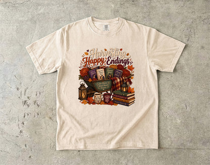Harvesting Happy Endings Book Lover Shirt | Fall Romance Reader Tee | Cozy Autumn Bookish Shirt | BookTok Romantasy T-Shirt