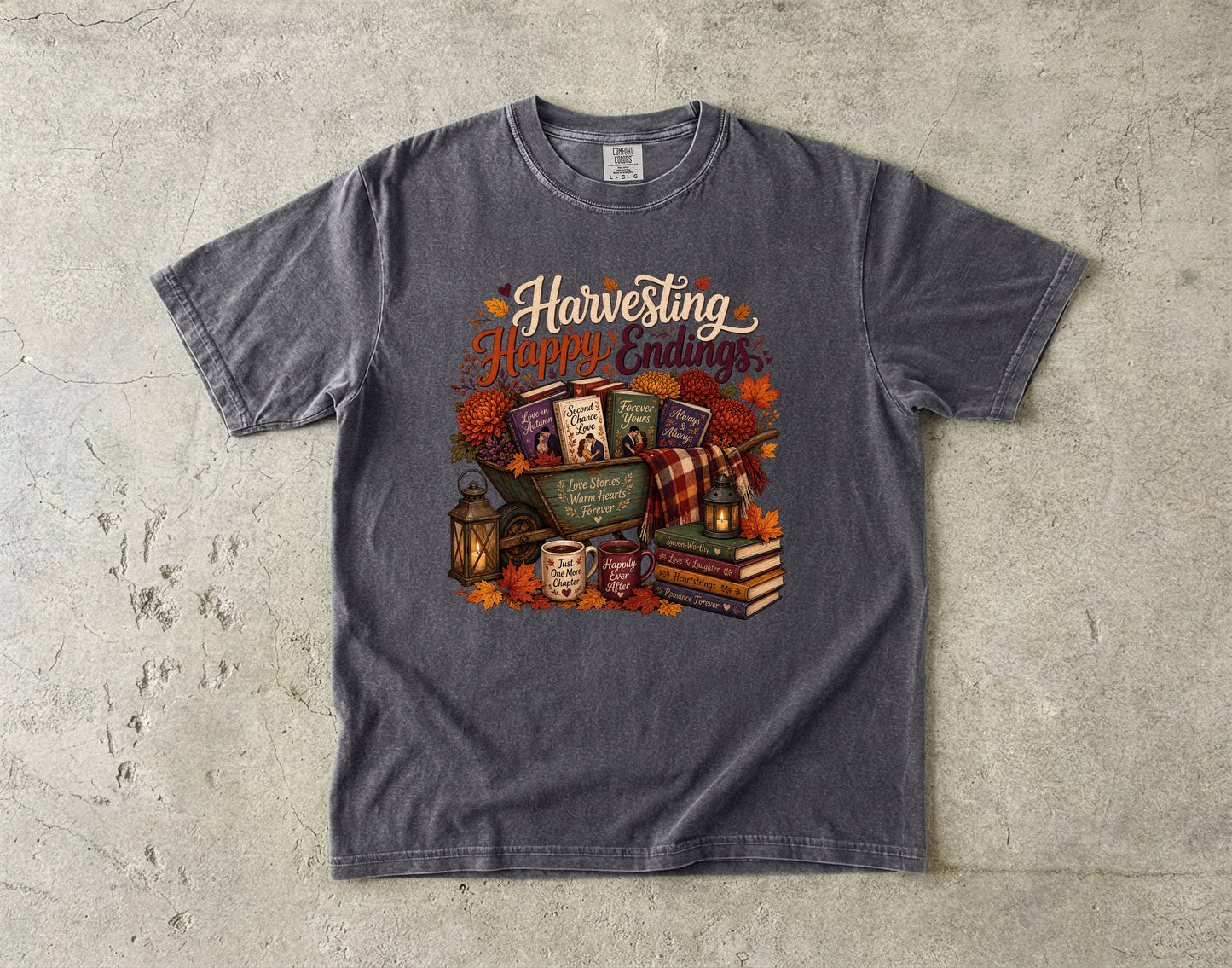 Harvesting Happy Endings Book Lover Shirt | Fall Romance Reader Tee | Cozy Autumn Bookish Shirt | BookTok Romantasy T-Shirt