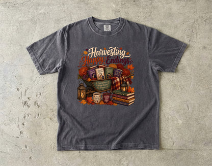 Harvesting Happy Endings Book Lover Shirt | Fall Romance Reader Tee | Cozy Autumn Bookish Shirt | BookTok Romantasy T-Shirt