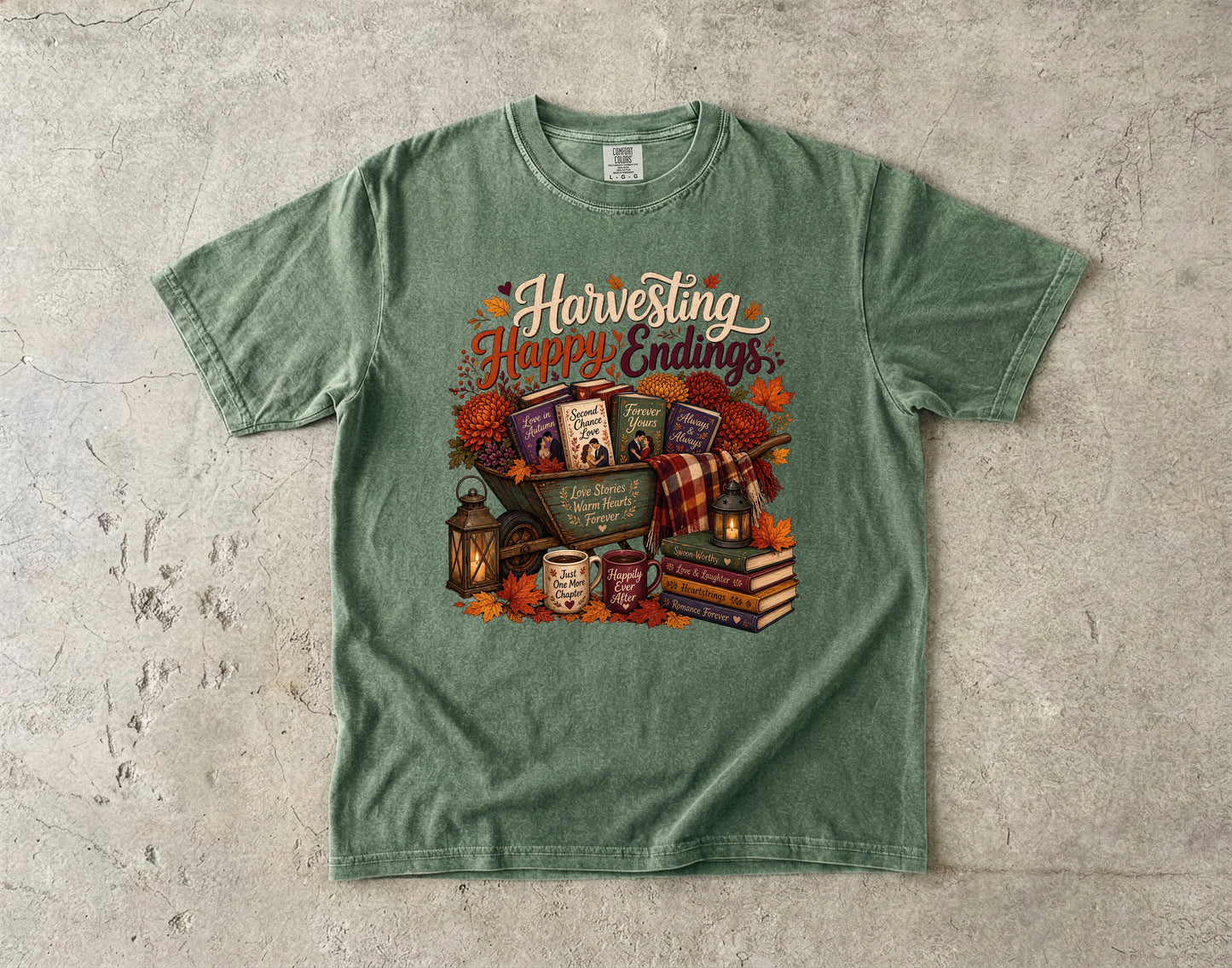 Harvesting Happy Endings Book Lover Shirt | Fall Romance Reader Tee | Cozy Autumn Bookish Shirt | BookTok Romantasy T-Shirt
