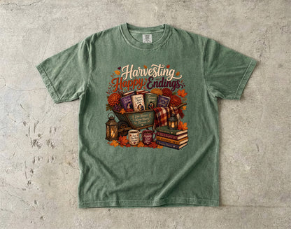 Harvesting Happy Endings Book Lover Shirt | Fall Romance Reader Tee | Cozy Autumn Bookish Shirt | BookTok Romantasy T-Shirt