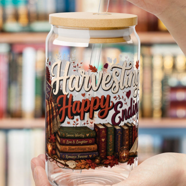 Fall reading just got even cozier! 🍂📚🥤 The Harvesting Happy Endings 16 oz glass cup is perfect for romance readers who love crisp autumn mornings, colorful leaves, cozy blankets, and happily ever afters. Featuring charming fall books, lanterns, plaid blankets, pumpkins, warm mugs, and vibrant florals, it's the perfect cup for iced coffee, tea, cider, or your favorite seasonal drink. A thoughtful gift for BookTok fans, book lovers, librarians, teachers, and anyone who believes the best stories are read in