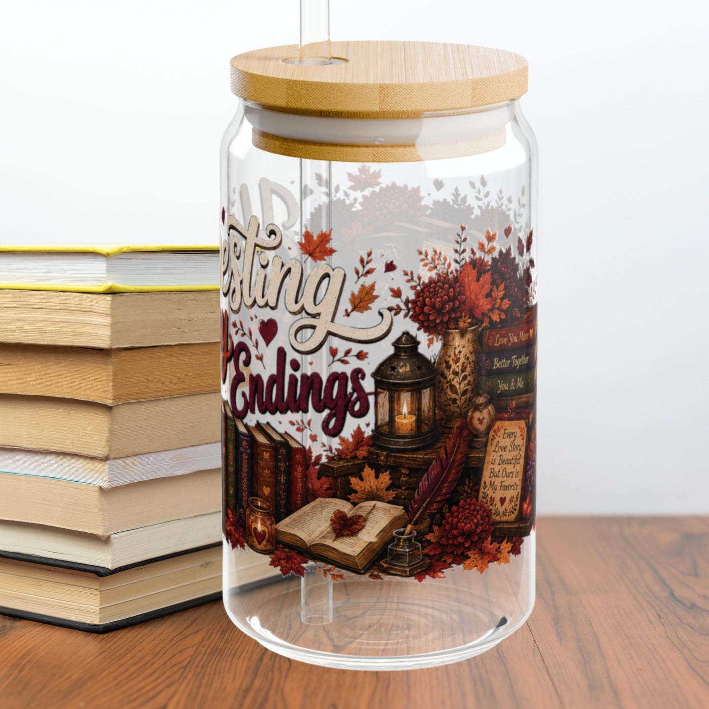 Harvesting Happy Endings Glass Cup Wrap | Fall Romance Reader 16 oz Libby Cup | Cozy Autumn Book Lover Glass Can Design