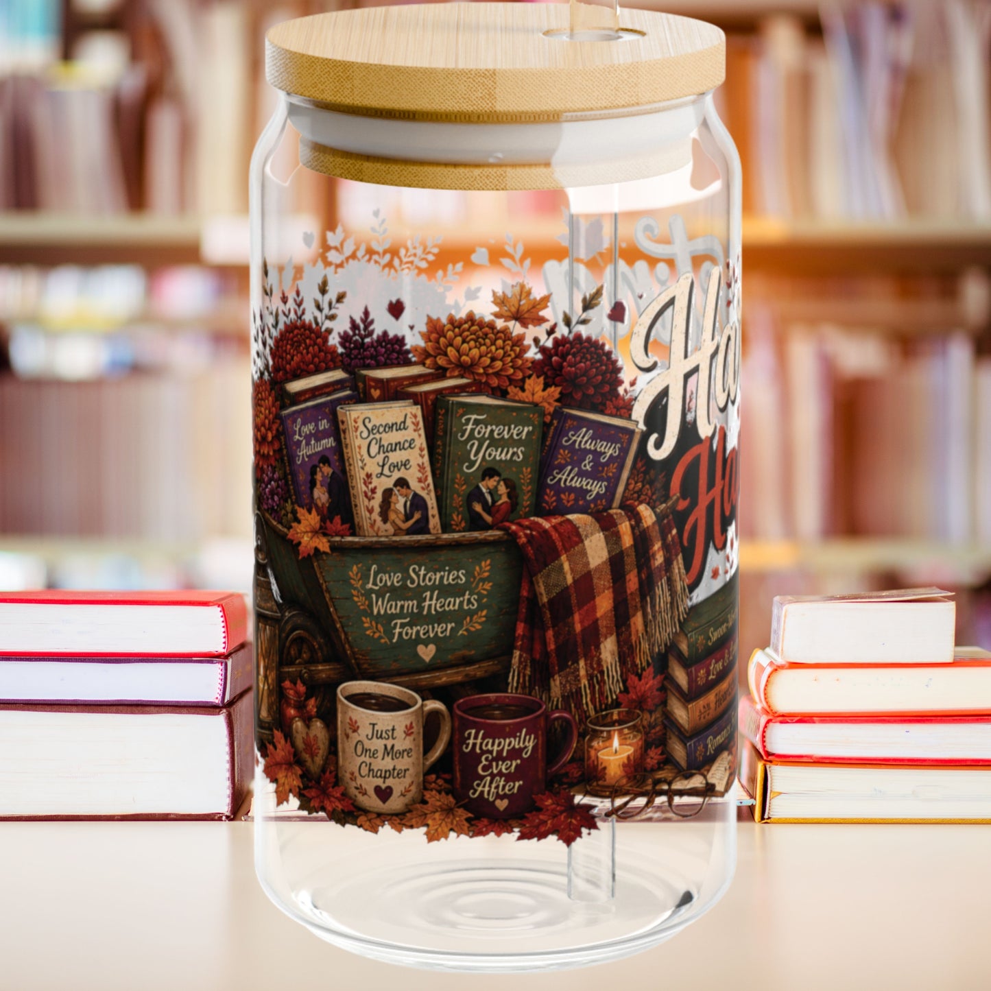 Harvesting Happy Endings Glass Cup Wrap | Fall Romance Reader 16 oz Libby Cup | Cozy Autumn Book Lover Glass Can Design