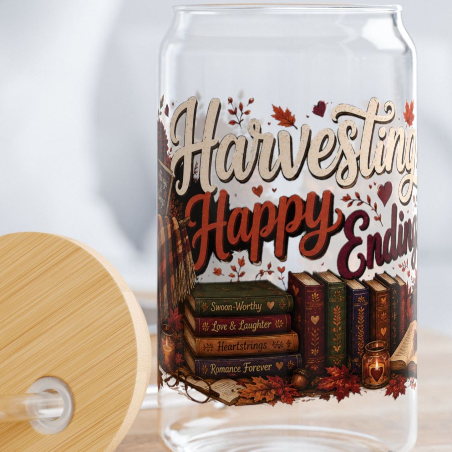 Harvesting Happy Endings Glass Cup Wrap | Fall Romance Reader 16 oz Libby Cup | Cozy Autumn Book Lover Glass Can Design