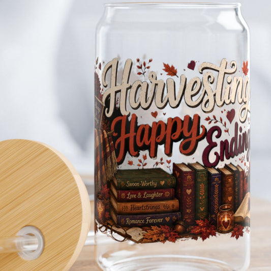 Harvesting Happy Endings Glass Cup Wrap | Fall Romance Reader 16 oz Libby Cup | Cozy Autumn Book Lover Glass Can Design